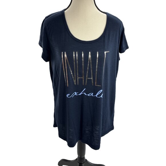Xersion Womens Size L T Shirt Navy Blue Inhale Exhale Graphic Short Sleeve Tee - Picture 1 of 6